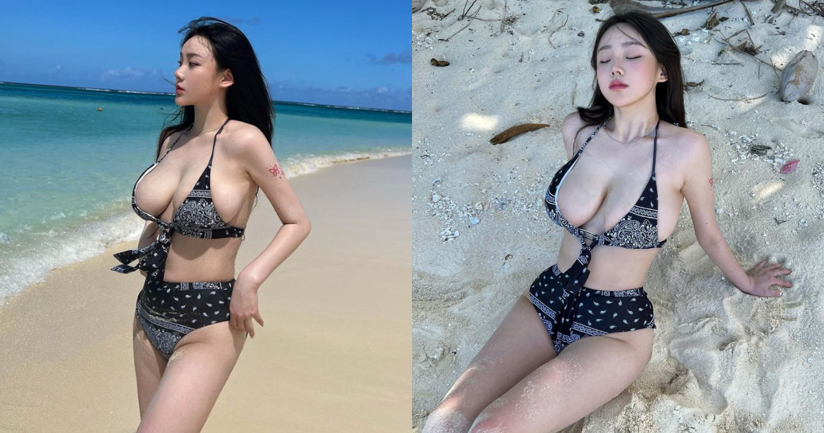 浪好大！巨乳妹比基尼都快包不住　在沙灘掀起「波濤胸湧」有著超狂乳量的韓國網紅，最近換上比基尼到海邊，過人的雙峰就像在沙灘掀起「波濤胸湧」，那一點布料根本包不住白嫩奶球，讓人不禁讚嘆